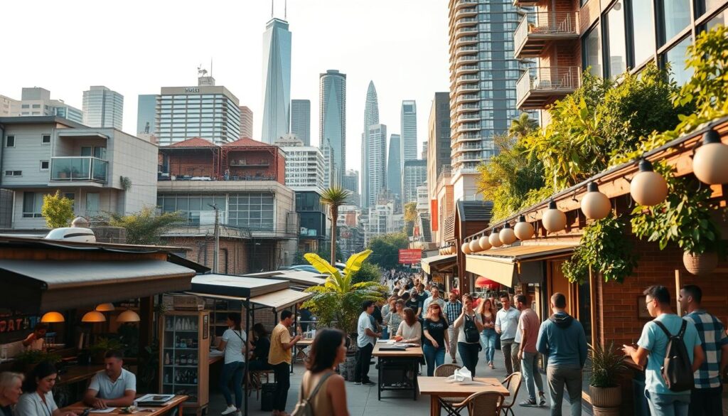 A bustling urban cityscape, teeming with thriving small businesses and social enterprises. In the foreground, a diverse array of entrepreneurs – from a cozy neighborhood cafe to a maker's workshop, showcasing their products and services. The middle ground features modern office spaces and co-working hubs, where innovators collaborate on sustainable solutions. In the background, towering skyscrapers and lush green spaces create a dynamic, forward-thinking atmosphere. Soft, warm lighting illuminates the scene, highlighting the energy and resilience of these real-world business examples. Captured with a wide-angle lens to convey a sense of scale and possibility.