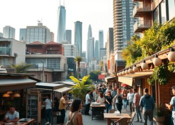 A bustling urban cityscape, teeming with thriving small businesses and social enterprises. In the foreground, a diverse array of entrepreneurs – from a cozy neighborhood cafe to a maker's workshop, showcasing their products and services. The middle ground features modern office spaces and co-working hubs, where innovators collaborate on sustainable solutions. In the background, towering skyscrapers and lush green spaces create a dynamic, forward-thinking atmosphere. Soft, warm lighting illuminates the scene, highlighting the energy and resilience of these real-world business examples. Captured with a wide-angle lens to convey a sense of scale and possibility.