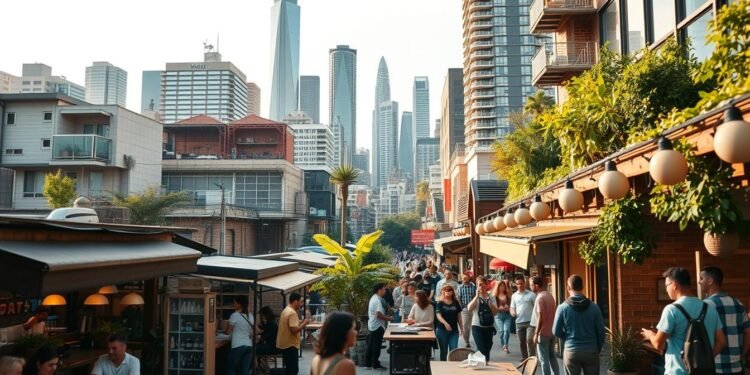 A bustling urban cityscape, teeming with thriving small businesses and social enterprises. In the foreground, a diverse array of entrepreneurs – from a cozy neighborhood cafe to a maker's workshop, showcasing their products and services. The middle ground features modern office spaces and co-working hubs, where innovators collaborate on sustainable solutions. In the background, towering skyscrapers and lush green spaces create a dynamic, forward-thinking atmosphere. Soft, warm lighting illuminates the scene, highlighting the energy and resilience of these real-world business examples. Captured with a wide-angle lens to convey a sense of scale and possibility.