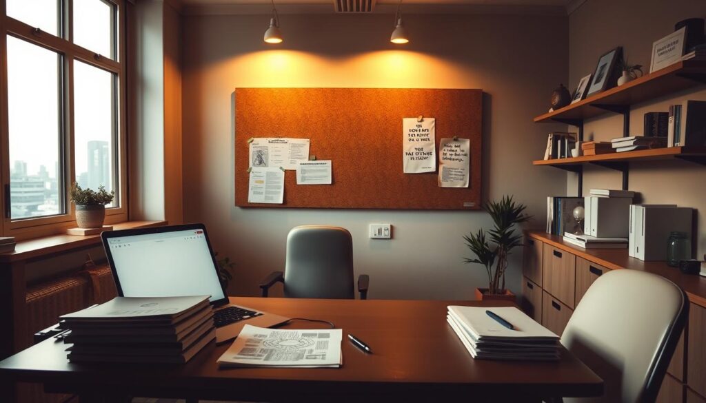 A cozy office workspace, dimly lit with warm overhead lighting and soft shadows. On the desk, a laptop, a pen, and neatly stacked documents - the essential tools for bootstrapping a new business. In the background, a corkboard displays sketches, to-do lists, and inspirational quotes, reflecting the entrepreneurial journey. The walls are adorned with minimalist shelves holding a few carefully curated books and knick-knacks, creating a sense of focus and determination. The large window provides a glimpse of a bustling city skyline, hinting at the world of opportunity beyond. The overall atmosphere conveys a balance of pragmatic planning and ambitious dreams, capturing the spirit of starting a social impact business from the ground up.