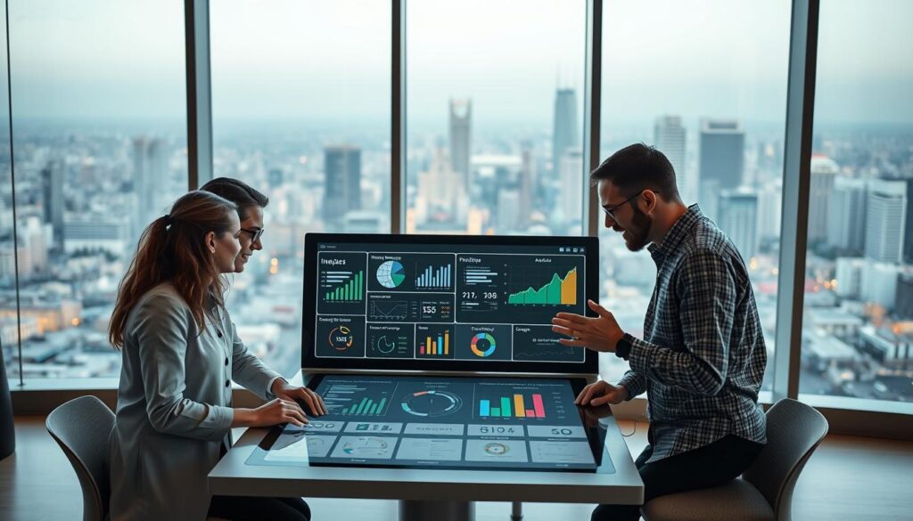 A diverse team of professionals collaborating on a sustainable impact investment project. In the foreground, three individuals - a financial analyst, a social impact specialist, and a project manager - are gathered around a table, engaging in an animated discussion, their body language conveying deep concentration and teamwork. The middle ground features a large touchscreen display showcasing financial data, impact metrics, and project timelines. In the background, floor-to-ceiling windows offer a panoramic view of a bustling urban skyline, creating a sense of connectivity to the broader community. Soft, directional lighting illuminates the scene, casting a warm, professional glow. The overall atmosphere is one of dynamic collaboration, strategic planning, and a shared commitment to driving positive change through impact investing.