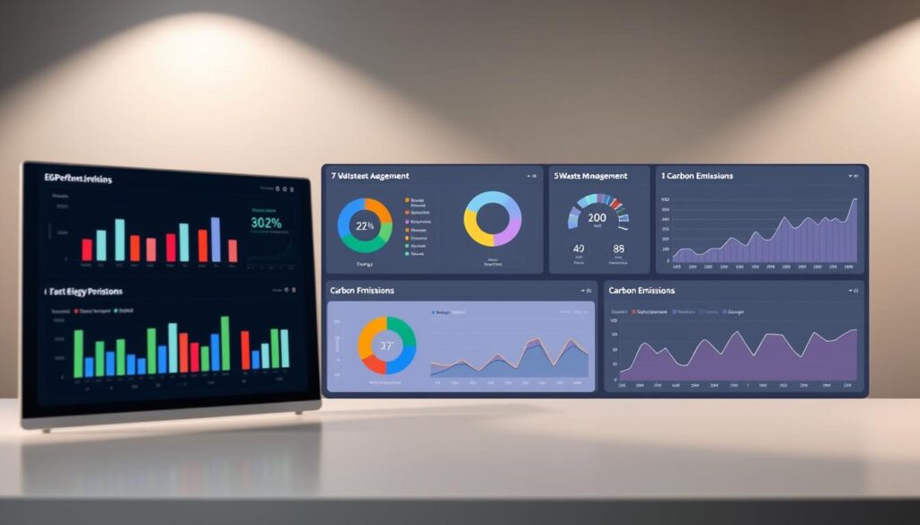 A meticulously designed dashboard displaying various ESG performance tracking metrics, visualized through intuitive graphs, charts, and visual analytics. The foreground features a sleek, minimalist interface with a clean layout, allowing users to quickly and efficiently monitor key sustainability indicators. The middle ground showcases detailed data visualizations, such as bar graphs tracking energy consumption, pie charts illustrating waste management, and line graphs depicting carbon emissions trends. In the background, a subtle, muted color scheme and soft lighting create a calming, professional atmosphere, enhancing the overall user experience. The overall composition conveys a sense of clarity, organization, and easy accessibility to crucial ESG data, empowering users to make informed decisions and drive sustainability initiatives.