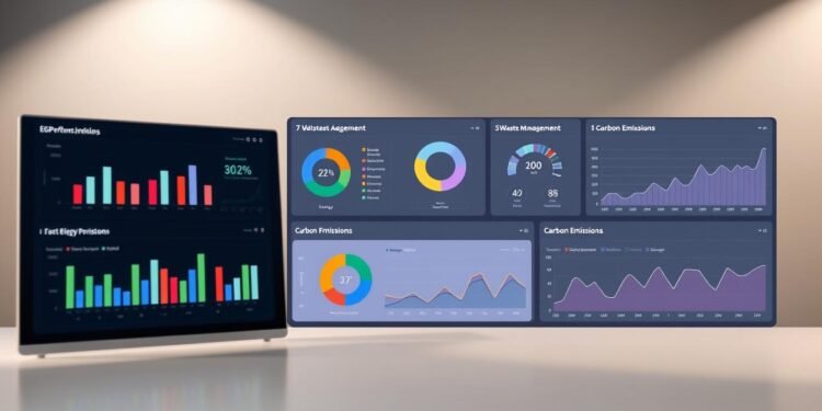 A meticulously designed dashboard displaying various ESG performance tracking metrics, visualized through intuitive graphs, charts, and visual analytics. The foreground features a sleek, minimalist interface with a clean layout, allowing users to quickly and efficiently monitor key sustainability indicators. The middle ground showcases detailed data visualizations, such as bar graphs tracking energy consumption, pie charts illustrating waste management, and line graphs depicting carbon emissions trends. In the background, a subtle, muted color scheme and soft lighting create a calming, professional atmosphere, enhancing the overall user experience. The overall composition conveys a sense of clarity, organization, and easy accessibility to crucial ESG data, empowering users to make informed decisions and drive sustainability initiatives.