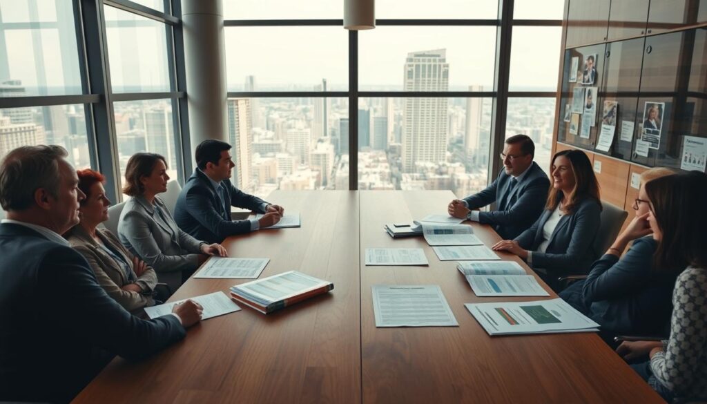 A well-lit office setting, with a large wooden conference table taking center stage. Around the table, several people are engaged in a discussion, their expressions serious yet thoughtful. On the table, various documents and reports are scattered, representing real-world impact case studies. The room is filled with a sense of purpose and collaboration, with floor-to-ceiling windows letting in natural light and providing a view of a bustling cityscape in the background. The overall atmosphere conveys the importance of effective impact tracking and reporting in a business context.