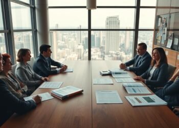 A well-lit office setting, with a large wooden conference table taking center stage. Around the table, several people are engaged in a discussion, their expressions serious yet thoughtful. On the table, various documents and reports are scattered, representing real-world impact case studies. The room is filled with a sense of purpose and collaboration, with floor-to-ceiling windows letting in natural light and providing a view of a bustling cityscape in the background. The overall atmosphere conveys the importance of effective impact tracking and reporting in a business context.