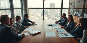 A well-lit office setting, with a large wooden conference table taking center stage. Around the table, several people are engaged in a discussion, their expressions serious yet thoughtful. On the table, various documents and reports are scattered, representing real-world impact case studies. The room is filled with a sense of purpose and collaboration, with floor-to-ceiling windows letting in natural light and providing a view of a bustling cityscape in the background. The overall atmosphere conveys the importance of effective impact tracking and reporting in a business context.