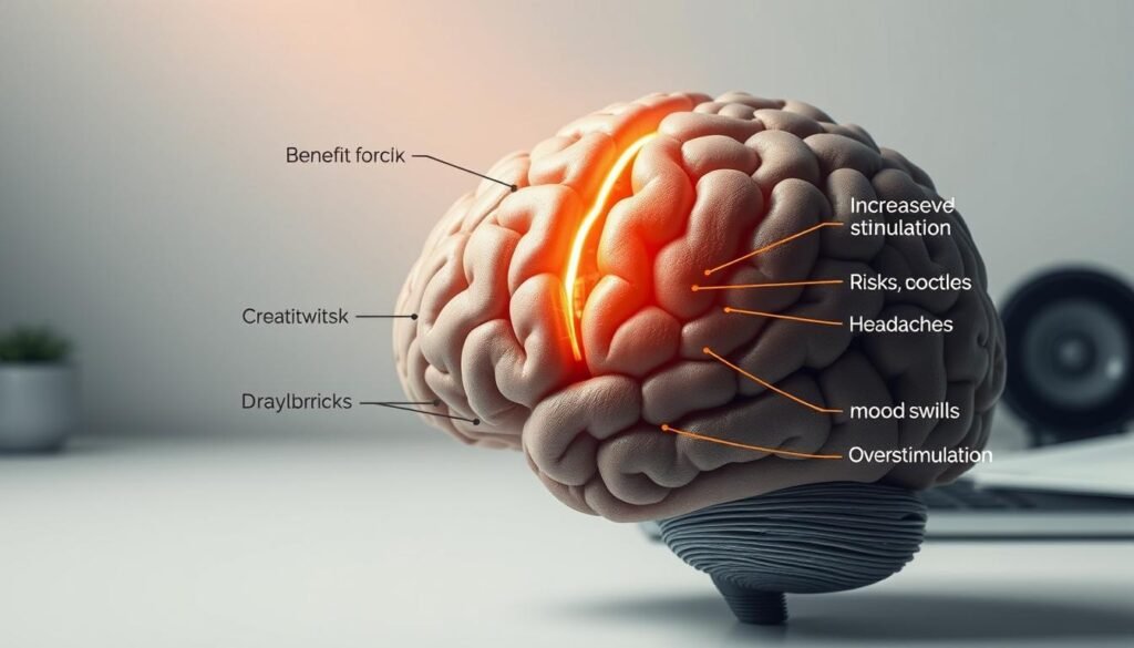 A detailed cross-section of a human brain, with a left half showing the benefits of neural stimulation - increased focus, creativity, and cognitive performance. The right half depicts the potential drawbacks - risks of headaches, mood swings, and overstimulation. The brain is rendered in a realistic, detailed style with a muted color palette, highlighted by warm lighting from the top-left, casting subtle shadows. The background is a clean, minimalist workspace, allowing the brain to take center stage and emphasize the technical, scientific nature of the subject matter.