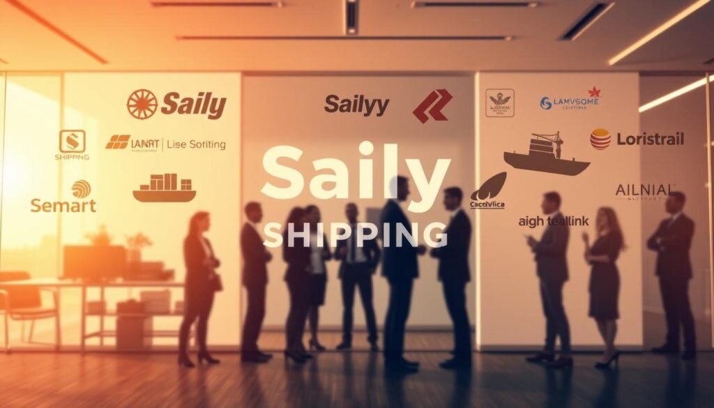 A modern office setting with a sleek, minimalist design. In the foreground, a prominent display showcases the Saily Shipping logo, rendered in a bold, eye-catching font. Surrounding it, the silhouettes of several competing shipping companies, each with their own distinct branding and design elements. The middle ground features a group of business professionals, dressed in formal attire, engaged in discussion, highlighting the competitive landscape. The background is bathed in warm, directional lighting, creating a sense of professionalism and authority. The overall composition conveys the message of Saily Shipping's efficient and cost-effective solutions standing out among its competitors.