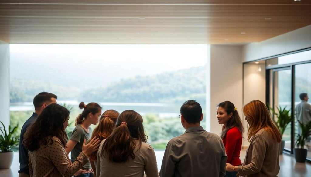 A serene, well-lit environment with a warm, inviting atmosphere. In the foreground, a group of diverse individuals gathered in a circle, engaging in a supportive discussion. Their body language and facial expressions convey a sense of connection, empathy, and understanding. The middle ground features a calming, natural landscape with lush greenery and a soothing body of water, evoking a sense of tranquility. In the background, a modern, minimalist healthcare facility with clean lines and large windows, symbolizing the integration of mental health support into a holistic approach to well-being. The lighting is soft and diffused, creating a calming, therapeutic ambiance.