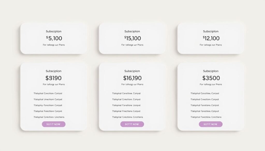 A set of minimalist, elegant subscription plan cards arranged in a clean, modern layout. The cards showcase different plan tiers with subtle details like rounded corners, thin borders, and soft drop shadows. The plans are presented against a simple, uncluttered background with muted, pastel-like colors that complement the branding. Careful use of typography, iconography, and spacing creates a visually appealing and easy-to-understand display of the pricing options. The overall mood is professional, informative, and on-brand for a software-as-a-service product.