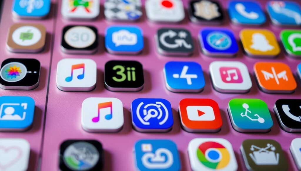 A sleek array of iOS app icons, meticulously designed with vibrant colors and clean lines, arranged in an organized grid layout against a soft, blurred background. The icons cast subtle shadows, creating a sense of depth and dimension. The overall scene exudes a professional, productivity-focused atmosphere, perfectly complementing the "Key Features of SetApp That Enhance Productivity" section of the article.