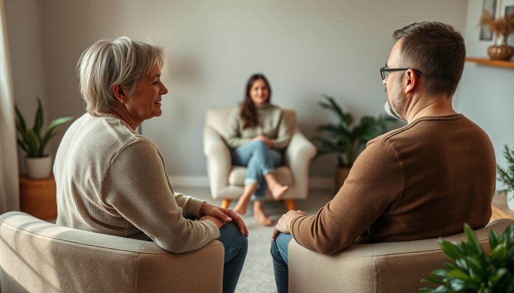 A tranquil, softly lit couples therapy session in a cozy, inviting office setting. In the foreground, a middle-aged heterosexual couple sit facing each other, their body language open and engaged as they discuss their relationship challenges. The therapist, a warm and empathetic individual, listens intently from a chair in the middle distance. Muted earth tones and natural textures create a calming, nurturing atmosphere, while subtle lighting casts a gentle glow on the scene. The composition is balanced and harmonious, conveying a sense of progress and healing within the therapeutic process. A tranquil, softly lit couples therapy session in a cozy, inviting office setting. In the foreground, a middle-aged heterosexual couple sit facing each other, their body language open and engaged as they discuss their relationship challenges. The therapist, a warm and empathetic individual, listens intently from a chair in the middle distance. Muted earth tones and natural textures create a calming, nurturing atmosphere, while subtle lighting casts a gentle glow on the scene. The composition is balanced and harmonious, conveying a sense of progress and healing within the therapeutic process.