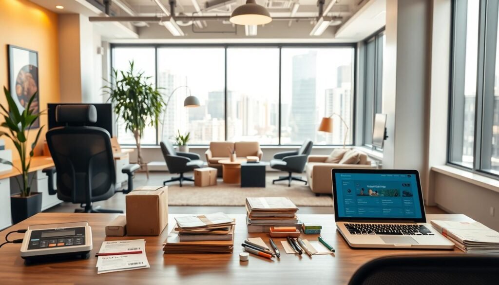 A well-lit, modern office interior with a warm, inviting atmosphere. In the foreground, a desk showcases various affordable shipping supplies and tools, including a scale, packing materials, and a laptop displaying Saily Shipping's online platform. The middle ground features ergonomic chairs and a cozy seating area, highlighting the comfortable work environment. The background boasts large windows overlooking a cityscape, bathed in soft, natural light, conveying a sense of productivity and efficiency. The overall scene exudes a professional, yet cost-conscious aesthetic, reflecting the benefits of using Saily Shipping's reliable and budget-friendly solutions.