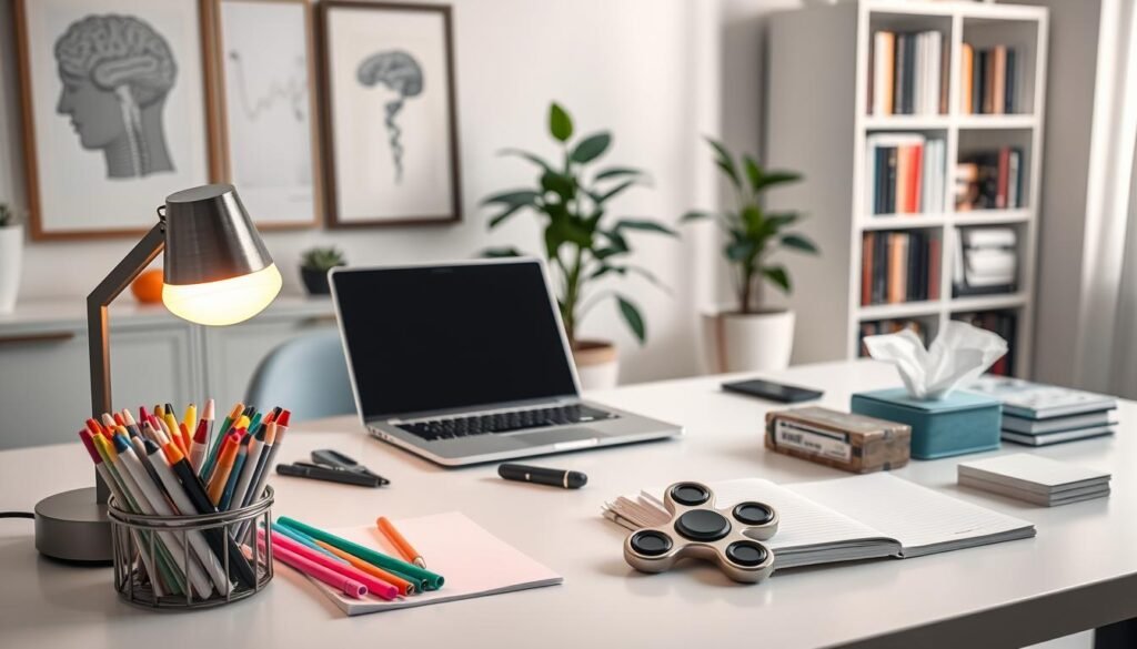 A well-lit, modern therapy office with a variety of professional tools artfully arranged on a clean, minimalist desk. In the foreground, a therapeutic lamp casts a warm glow, surrounded by a set of colored markers, a stack of notepads, and a fidget spinner. In the middle ground, a sleek laptop, a voice recorder, and a box of tissues create a cohesive workspace. The background features framed artwork, a potted plant, and a bookshelf filled with psychology and self-help titles, conveying a sense of calm and expertise. The overall mood is one of professionalism, care, and the tools necessary for an effective online therapy session. A well-lit, modern therapy office with a variety of professional tools artfully arranged on a clean, minimalist desk. In the foreground, a therapeutic lamp casts a warm glow, surrounded by a set of colored markers, a stack of notepads, and a fidget spinner. In the middle ground, a sleek laptop, a voice recorder, and a box of tissues create a cohesive workspace. The background features framed artwork, a potted plant, and a bookshelf filled with psychology and self-help titles, conveying a sense of calm and expertise. The overall mood is one of professionalism, care, and the tools necessary for an effective online therapy session.