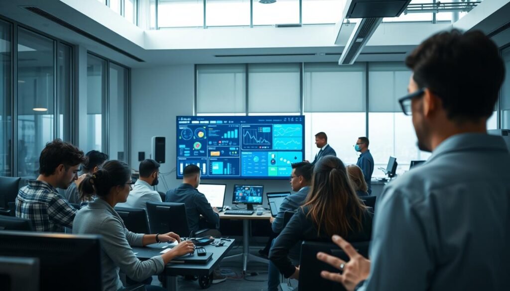 A bustling office space illuminated by soft, diffused lighting from large windows. In the foreground, a group of employees engaged in hands-on training, using cutting-edge devices and software. The middle ground features a dynamic display showcasing data visualizations and interactive tutorials, guiding the trainees. In the background, a team of technicians monitors the training progress, adjusting parameters and providing real-time support. The overall atmosphere is one of productivity, innovation, and a commitment to upskilling the workforce, reflecting the ethos of "Capability.work: Expert Solutions for Business Growth." A bustling office space illuminated by soft, diffused lighting from large windows. In the foreground, a group of employees engaged in hands-on training, using cutting-edge devices and software. The middle ground features a dynamic display showcasing data visualizations and interactive tutorials, guiding the trainees. In the background, a team of technicians monitors the training progress, adjusting parameters and providing real-time support. The overall atmosphere is one of productivity, innovation, and a commitment to upskilling the workforce, reflecting the ethos of "Capability.work: Expert Solutions for Business Growth."