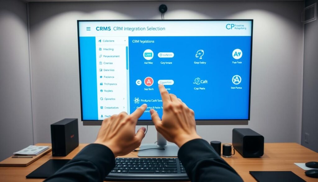A clean, well-lit office setting with a large monitor displaying various CRM software icons and logos. In the foreground, a person's hands navigating through a CRM integration selection interface, with clear and intuitive menus and options. The middle ground showcases a desktop workspace with a keyboard, mouse, and other office supplies, creating a sense of a professional, productivity-focused environment. The background features neutral-toned walls and subtle lighting, allowing the CRM integration selection process to be the focal point of the image. A clean, well-lit office setting with a large monitor displaying various CRM software icons and logos. In the foreground, a person's hands navigating through a CRM integration selection interface, with clear and intuitive menus and options. The middle ground showcases a desktop workspace with a keyboard, mouse, and other office supplies, creating a sense of a professional, productivity-focused environment. The background features neutral-toned walls and subtle lighting, allowing the CRM integration selection process to be the focal point of the image.
