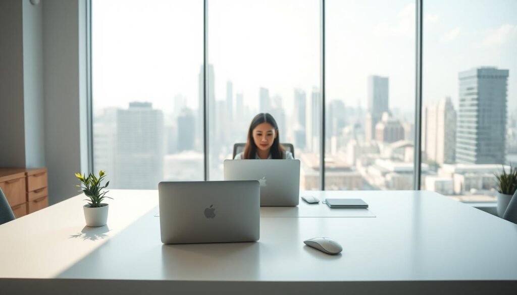 A clean, well-lit office space with a large, minimalist desk in the foreground. On the desk, a laptop, a sleek mouse, and a small potted plant. In the middle ground, a person sitting at the desk, focused on the screen, their expression serene and relaxed. The background features a large window overlooking a bustling city skyline, with soft, diffused natural light filtering in. The overall atmosphere is one of efficiency, simplicity, and a streamlined workflow.
