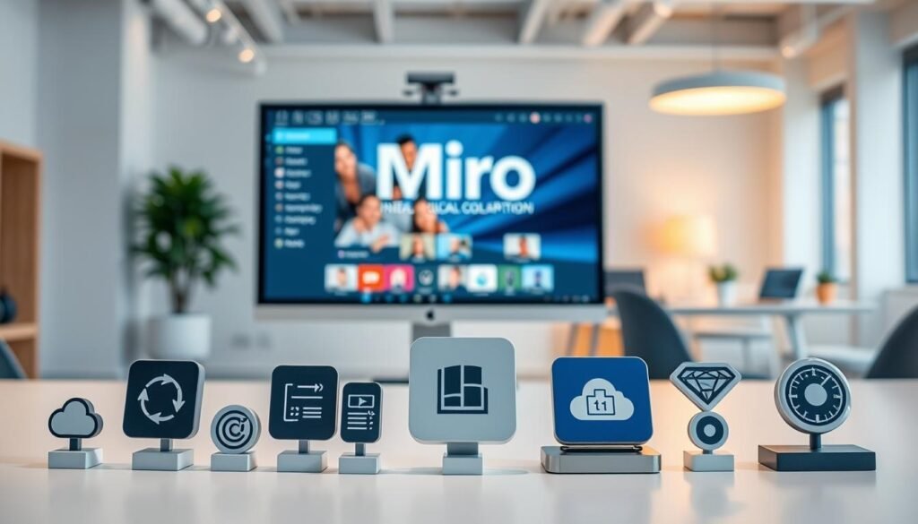 A collaborative workspace featuring various software integration icons arranged neatly on a minimalist desk. In the foreground, sleek icons representing productivity apps, cloud storage, and communication tools are elegantly displayed. In the middle ground, a large, modern computer monitor showcases the Miro visual collaboration platform, its interface visible and inviting. The background depicts a bright, airy office setting with clean lines, warm lighting, and a sense of cohesion, reflecting the seamless integration of tools for effective team collaboration.