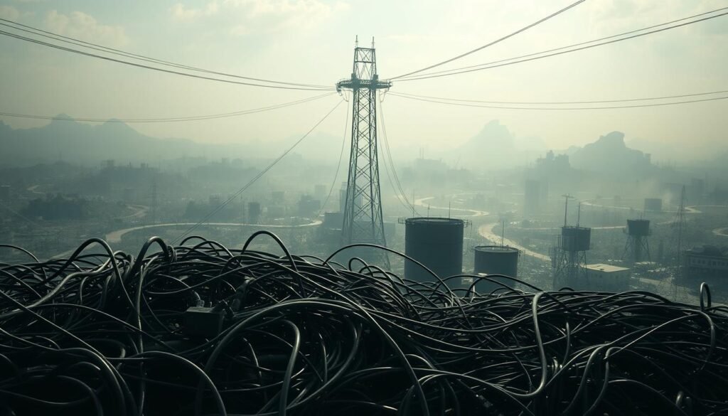 A complex landscape illustrating the limitations of automation platforms. In the foreground, a tangled web of cables and wires symbolizes the intricate interconnections and dependencies within the system. The middle ground features a towering, rigid structure representing the rigid constraints and inflexibility of the platform. In the background, a hazy, uncertain landscape suggests the unpredictable nature of real-world business processes, highlighting the platform's inability to adapt to changing conditions. Dramatic lighting casts long shadows, creating a sense of unease and the challenges inherent in relying on a one-size-fits-all automation solution. The overall scene conveys the frustration and limitations of using a generic automation platform to address the nuanced and evolving needs of a business.