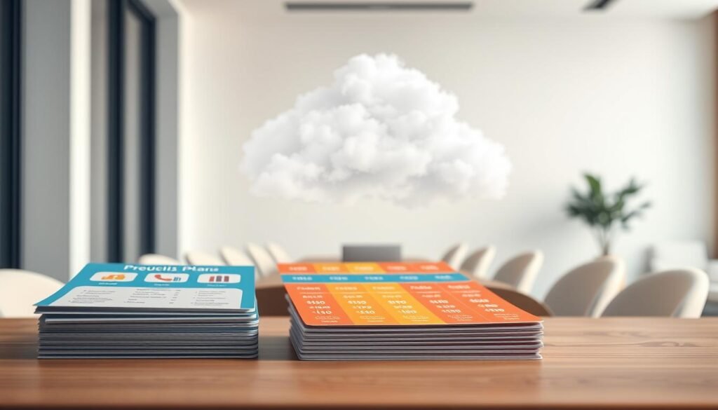 A detailed, high-quality image of cloud phone pricing plans. In the foreground, a stack of colorful plan cards with icons and pricing details, arranged neatly on a minimalist desk. The middle ground features a floating, semi-transparent cloud formation, hinting at the cloud-based nature of the service. The background is a serene, softly lit office space with clean lines and a neutral color palette, creating a professional, enterprise-ready atmosphere. The lighting is warm and diffused, with subtle shadows and highlights accentuating the three-dimensional elements. The overall composition is balanced, with a focus on the pricing plans and a sense of technology and business solutions.