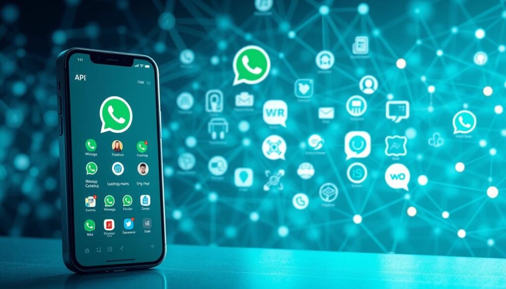 A detailed, technical illustration depicting WhatsApp API integrations. In the foreground, a smartphone displaying the WhatsApp interface, showcasing seamless integration with various third-party applications. In the middle ground, a series of software icons and logos representing popular messaging, CRM, and customer service platforms. In the background, a complex network of interconnected lines and nodes, symbolizing the underlying API infrastructure that enables these integrations. The scene is bathed in a cool, blue-tinted lighting, creating a sleek, modern aesthetic. The overall composition conveys the power and flexibility of WhatsApp's API, allowing businesses to streamline their communication and customer engagement efforts.