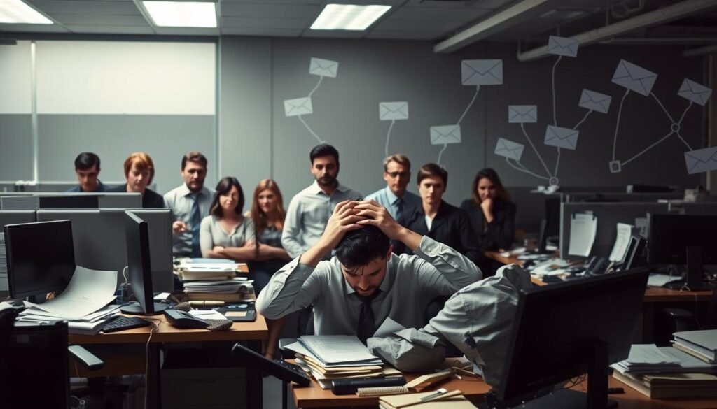 A dimly lit office space, with cubicles and cluttered desks. In the foreground, a frustrated recruiter sits at a computer, hands on their head, surrounded by a jumble of papers, phones, and other recruitment paraphernalia. The middle ground features a team of job candidates, each with a different expression - some eager, some confused, some dejected. In the background, a series of disconnected communication channels - emails, messaging apps, social media - hint at the challenges of coordinating the recruitment process. The overall atmosphere is one of tension and inefficiency, reflecting the "Inefficiencies in Recruitment Communications" theme.