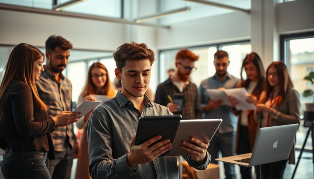 A group of diverse individuals, professionals and entrepreneurs, gathered around a sleek, modern workspace. The scene is bathed in warm, natural lighting, as if captured through a wide-angle lens. In the foreground, a young designer intently focused on a tablet, their face illuminated by the glow of the screen. Surrounding them, others collaborate on laptops, sketch on whiteboards, and discuss ideas animatedly. The middle ground features a mix of casual and formal attire, reflecting the dynamic nature of the Webydo design platform users. In the background, minimalist decor and large windows hint at a spacious, airy environment conducive to creativity and productivity.