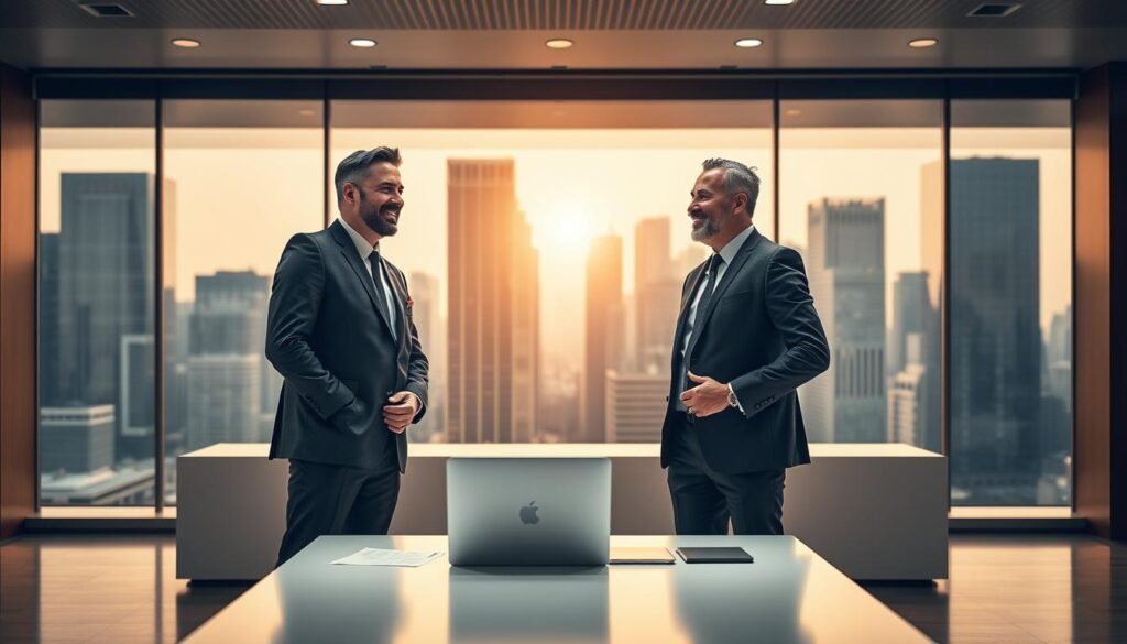 A high-quality, professional business comparison with a sleek, modern aesthetic. In the foreground, two business brokers stand side-by-side, dressed in sharp suits, engaged in a friendly discussion. Behind them, a large, minimalist desk with a laptop and documents, representing the tools of their trade. The background features a cityscape of skyscrapers, conveying the corporate environment in which they operate. Warm, directional lighting casts a subtle glow, creating depth and atmosphere. The scene is captured with a wide-angle lens, emphasizing the comparative nature of the image. An air of professionalism, collaboration, and expertise permeates the scene, reflecting the expertise of business brokers. A high-quality, professional business comparison with a sleek, modern aesthetic. In the foreground, two business brokers stand side-by-side, dressed in sharp suits, engaged in a friendly discussion. Behind them, a large, minimalist desk with a laptop and documents, representing the tools of their trade. The background features a cityscape of skyscrapers, conveying the corporate environment in which they operate. Warm, directional lighting casts a subtle glow, creating depth and atmosphere. The scene is captured with a wide-angle lens, emphasizing the comparative nature of the image. An air of professionalism, collaboration, and expertise permeates the scene, reflecting the expertise of business brokers.