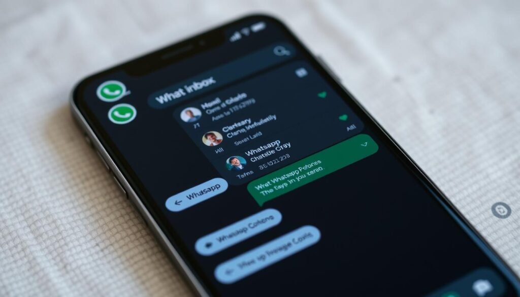 A modern and clean WhatsApp inbox setup on a sleek smartphone display. The user interface features a minimalist design with a dark color scheme, crisp icons, and clean typography. The foreground shows a conversation thread with a contact, displaying message bubbles in a natural conversation flow. The middle ground showcases the inbox view, with a list of recent chats neatly organized. The background has a slightly blurred, subtly textured backdrop, creating depth and focus on the main elements. The overall scene conveys a sense of efficiency, productivity, and a streamlined communication experience.