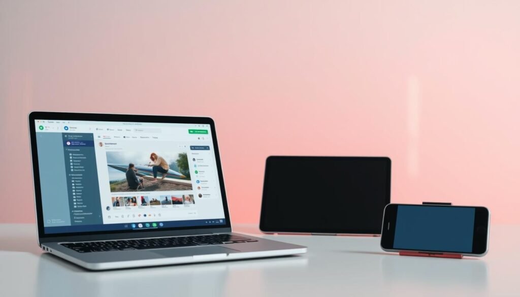 A modern, minimalist content creation platform set against a serene backdrop. In the foreground, a sleek laptop displaying a visually appealing interface with intuitive content editing tools. The middle ground features a tablet and smartphone, seamlessly integrated into the workflow, enabling cross-device collaboration. In the background, a subtle gradient of calming colors sets the mood for focused, productive content creation. Soft, diffused lighting illuminates the scene, creating a warm, professional atmosphere. The overall composition conveys efficiency, creativity, and the effortless flow of the content creation process.