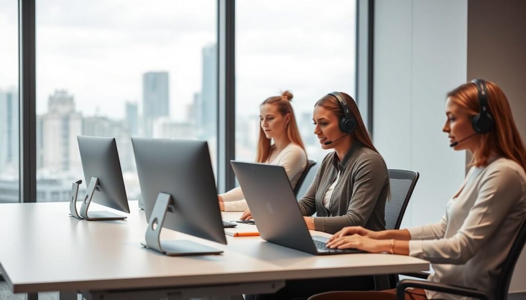 A modern, minimalist office setting with a clean, professional atmosphere. In the foreground, three customer support representatives engage in personalized interactions, each using a different communication method - phone, email, and live chat. The middle ground features a sleek, well-equipped service desk, with a minimalist design and neutral color palette. In the background, a large window offers a glimpse of a bustling city skyline, conveying a sense of efficiency and reliability. Soft, directional lighting illuminates the scene, creating depth and highlighting the attentive expressions of the support team. The overall mood is one of competence, responsiveness, and a commitment to providing a seamless customer experience.