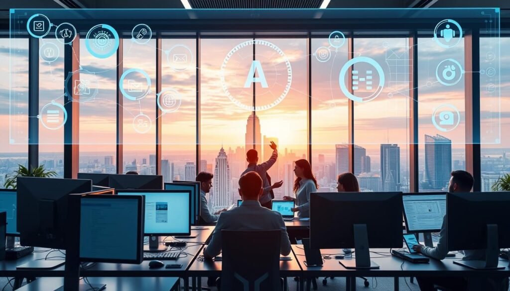A modern office setting with a large, holographic display showcasing various AI-driven customer engagement tools. In the foreground, sleek desktop computers and tablets are arranged neatly, with employees interacting with the intuitive interfaces. The middle ground features a team of data analysts and customer service representatives collaborating on insights derived from the AI-powered platforms. In the background, a large window offers a panoramic view of a bustling city skyline, bathed in the warm glow of sunset. The overall atmosphere is one of efficiency, innovation, and a focus on enhancing the customer experience through the seamless integration of advanced technologies. A modern office setting with a large, holographic display showcasing various AI-driven customer engagement tools. In the foreground, sleek desktop computers and tablets are arranged neatly, with employees interacting with the intuitive interfaces. The middle ground features a team of data analysts and customer service representatives collaborating on insights derived from the AI-powered platforms. In the background, a large window offers a panoramic view of a bustling city skyline, bathed in the warm glow of sunset. The overall atmosphere is one of efficiency, innovation, and a focus on enhancing the customer experience through the seamless integration of advanced technologies.