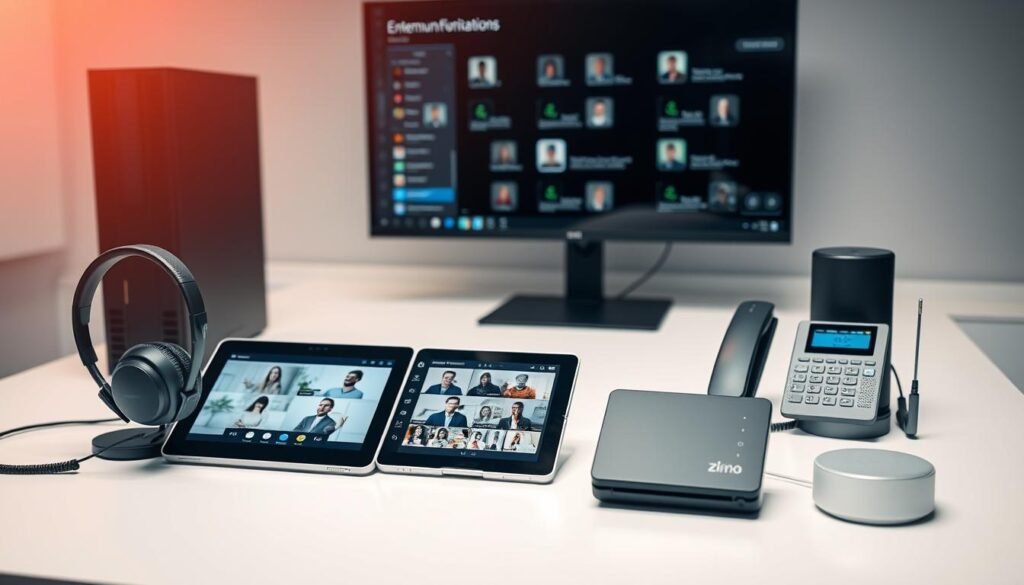 A modern office workspace with an array of enterprise communication tools laid out on a sleek, minimalist desk. In the foreground, a high-end desktop computer, a wireless headset, and a professional-grade webcam. In the middle ground, a tablet displaying video conferencing software, a cordless desk phone, and a smart speaker for voice commands. The background features a large monitor displaying real-time collaboration and productivity apps. Soft, directional lighting casts a warm, professional glow over the scene, captured at a slightly elevated angle to emphasize the clean, organized layout.