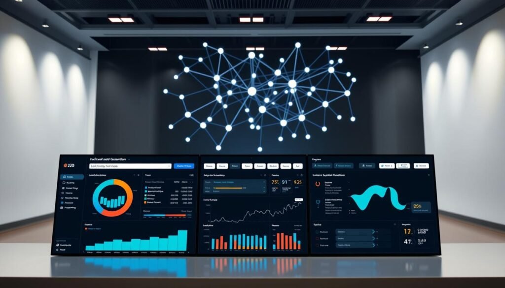 A modern, sleek B2B lead generation software interface, with a clean and intuitive layout. The foreground features a central dashboard displaying key metrics and insights, surrounded by customizable widgets and tools. The middle ground showcases a lead management system, allowing users to organize and nurture prospects. In the background, a network visualization depicts the interconnected web of B2B connections and data flows. The lighting is soft and evenly distributed, creating a professional and trustworthy atmosphere. The camera angle is slightly elevated, providing an overview of the comprehensive suite of lead generation capabilities.