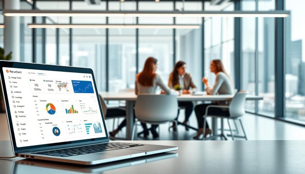 A modern, sleek recruitment management platform with a clean, intuitive user interface. The foreground features a laptop screen displaying a dashboard with key metrics, candidate profiles, and hiring workflow tools. In the middle ground, HR professionals collaborate around a minimalist conference table, discussing candidate assessments and hiring decisions. The background showcases a bright, airy office space with floor-to-ceiling windows, letting in natural light and a view of a bustling cityscape. The overall atmosphere conveys efficiency, collaboration, and a streamlined recruitment process.