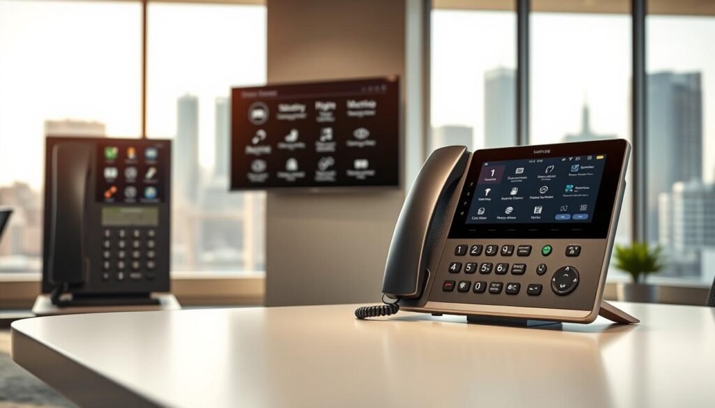 A modern, well-lit office with a clean, minimalist aesthetic. In the foreground, a sleek business desk with a high-end landline phone, featuring a large touchscreen display, intuitive controls, and a premium metal finish. In the middle ground, a wall-mounted screen displaying various telephony features like call history, voicemail, and advanced call management options. The background showcases a panoramic window overlooking a bustling city skyline, bathed in warm, natural lighting. The overall atmosphere conveys a sense of professionalism, efficiency, and technological sophistication.