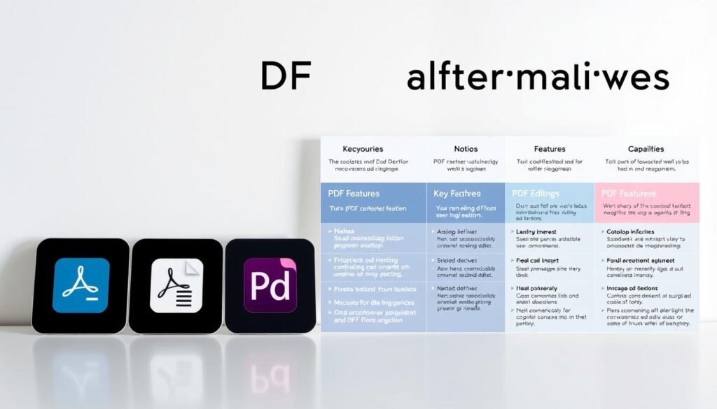 A neatly organized comparison of PDF editor alternatives, set against a sleek, minimalist background. The foreground features a row of PDF app icons, each displayed with a crisp, high-resolution rendering. The middle ground showcases key features and capabilities of each alternative in a clean, infographic-style layout. The background has a subtle gradient or texture, creating a sense of depth and professionalism. Lighting is soft and even, accentuating the digital interface elements. The overall mood is one of informed decision-making, with a focus on functionality, usability, and comprehensive evaluation of PDF editing solutions.