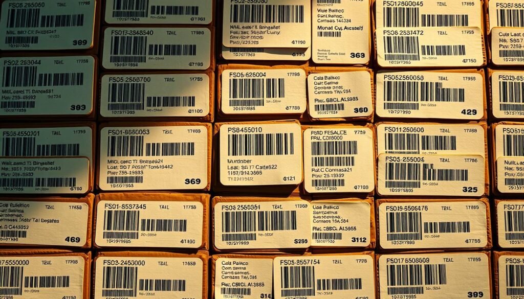 A neatly organized grid of various shipping labels, each showcasing clear barcode scans, tracking numbers, and shipping addresses. The labels are printed on sturdy, textured cardboard with a slight sheen, giving them a professional, industrial appearance. The scene is illuminated by warm, directional lighting, casting subtle shadows and highlights to emphasize the depth and materiality of the labels. The overall composition is well-balanced, with the labels arranged in a visually pleasing, symmetrical layout that conveys a sense of efficiency and organization.
