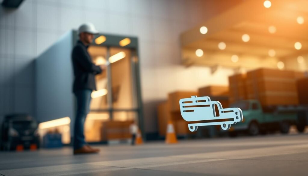 A professional and trustworthy shipping partner, standing tall and proud, with a sleek, modern facade and a warm, inviting atmosphere. The scene is bathed in soft, natural lighting, creating a sense of reliability and approachability. In the foreground, a stylized shipping icon or logo, crafted with precision and attention to detail, symbolizes the company's commitment to efficient and reliable service. The background features a subtle pattern or texture, lending a sense of professionalism and stability. The overall composition conveys a sense of confidence, trust, and the assurance that this is a shipping partner that can be relied upon to simplify the process for businesses of all sizes.