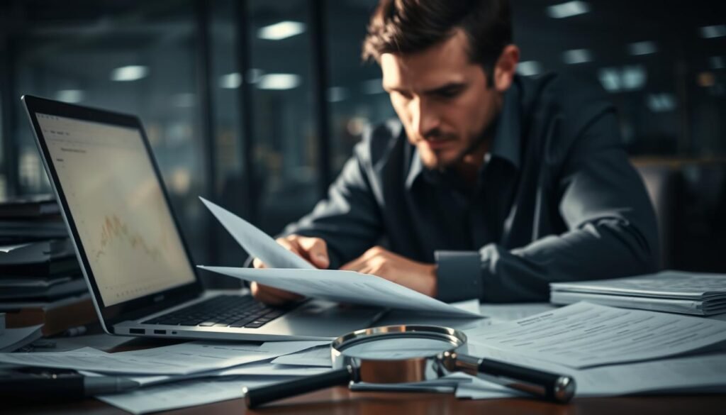 A professional auditor scrutinizing financial documents and business records on a laptop, surrounded by a cluttered desk with scattered papers, folders, and a magnifying glass. The lighting is dim, creating an atmosphere of careful examination and diligence. The auditor's face is partially obscured, conveying a sense of focused concentration. In the background, a blurred cityscape or office environment hints at the broader context of the verification process. The overall mood evokes a sense of thorough investigation and the importance of due diligence when evaluating the quality of an online business. A professional auditor scrutinizing financial documents and business records on a laptop, surrounded by a cluttered desk with scattered papers, folders, and a magnifying glass. The lighting is dim, creating an atmosphere of careful examination and diligence. The auditor's face is partially obscured, conveying a sense of focused concentration. In the background, a blurred cityscape or office environment hints at the broader context of the verification process. The overall mood evokes a sense of thorough investigation and the importance of due diligence when evaluating the quality of an online business.