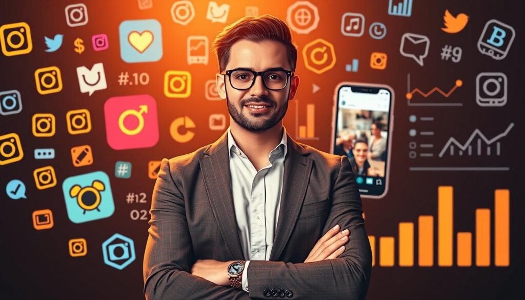 A professional social media expert stands confidently, surrounded by a vibrant array of Instagram icons, hashtags, and analytic charts. Warm lighting casts a soft glow, highlighting the focus on strategic planning and data-driven insights. In the background, a sleek mobile device displays a curated feed, emphasizing the importance of visual storytelling and audience engagement. The scene conveys a sense of expertise, innovation, and the ability to elevate a brand's online presence through the power of InstaclubHub's comprehensive solutions.