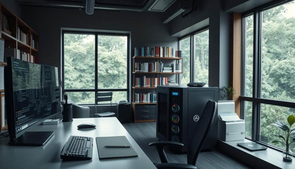 A serene, AI-powered workspace for creators and researchers, bathed in a soft, diffused light. In the foreground, an ergonomic desk with a high-resolution display, a sleek keyboard, and a stylus-enabled tablet. Alongside, a state-of-the-art workstation, its circuits glowing with the steady pulse of computational power. In the middle ground, shelves brimming with reference materials, digital and physical, while large windows overlooking a verdant landscape provide a sense of tranquility. The atmosphere is one of focused productivity, where cutting-edge technology seamlessly blends with the natural world, inspiring innovation and discovery.