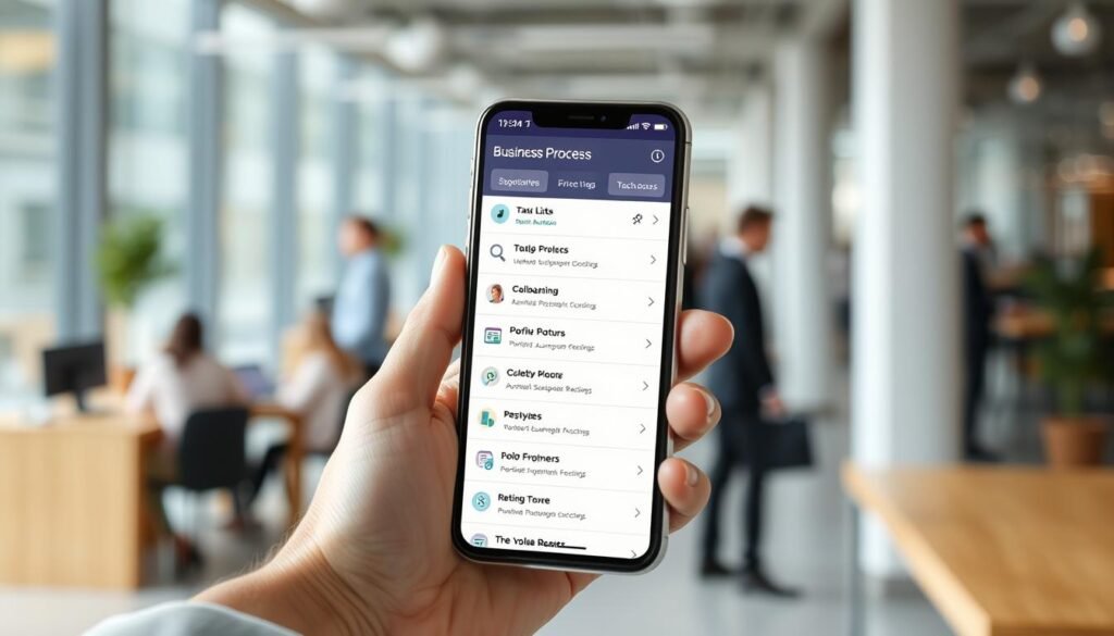 A sleek and minimalist mobile app interface, showcasing a user interacting with a comprehensive business process management system. The foreground depicts a hand holding a smartphone, with a crisp, high-resolution display highlighting task lists, workflow automation, and collaborative features. The middle ground features a blurred background of a bustling office environment, conveying a sense of productivity and mobility. The lighting is soft and natural, creating a calm and focused atmosphere. The overall composition emphasizes the seamless integration of business processes with the flexibility of a mobile platform, enabling users to stay connected and productive on the go.