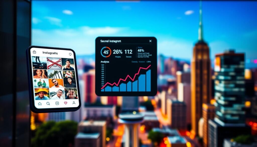 A sleek and modern Instagram interface hovers in the foreground, showcasing a grid of visually engaging content. In the middle ground, a stylized set of analytics and engagement metrics are displayed, highlighting the key performance indicators for an active Instagram account. The background features a vibrant, color-blocked cityscape, representing the dynamic and ever-evolving world of social media. The lighting is clean and directional, casting subtle shadows and highlights to create depth and dimension. The overall tone is professional, aspirational, and visually striking, embodying the essence of "How InstaclubHub Boosts Your Instagram".