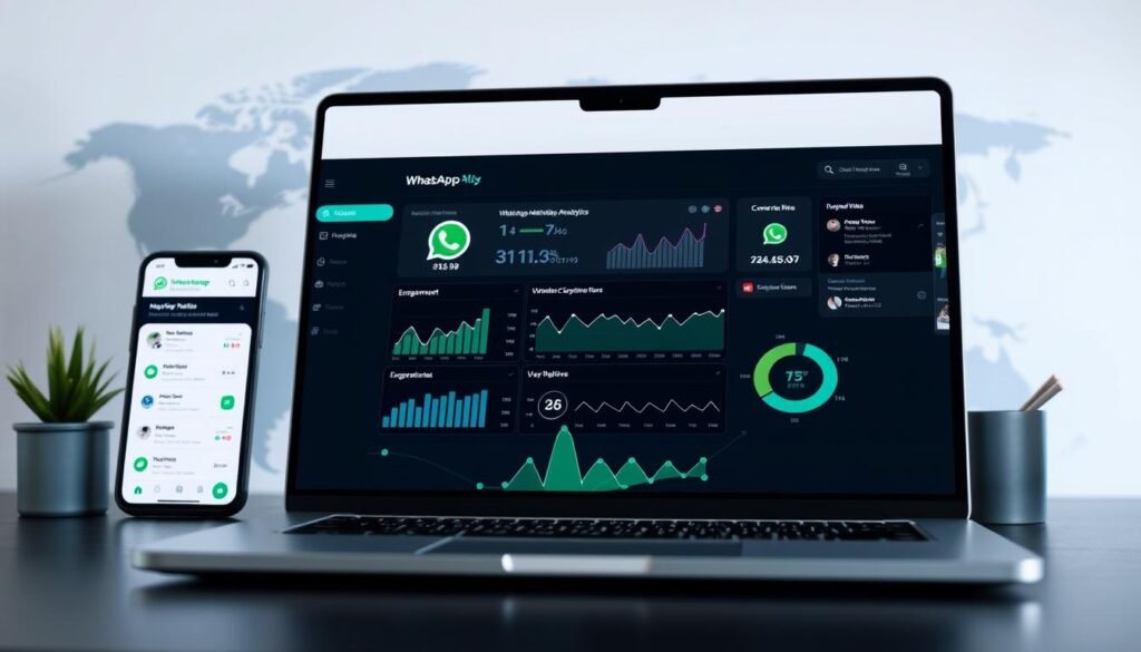A sleek and modern WhatsApp marketing analytics software interface, displayed on a laptop screen. The foreground features a minimalist dashboard with intuitive data visualizations, tracking key metrics like engagement, conversion rates, and user behavior. The middle ground showcases the mobile app, highlighting seamless cross-device integration. In the background, a stylized world map emphasizes the global reach and scale of the platform. The lighting is soft and directional, creating depth and a professional, enterprise-grade atmosphere. The overall scene conveys a sense of data-driven decision making and efficient WhatsApp marketing optimization.