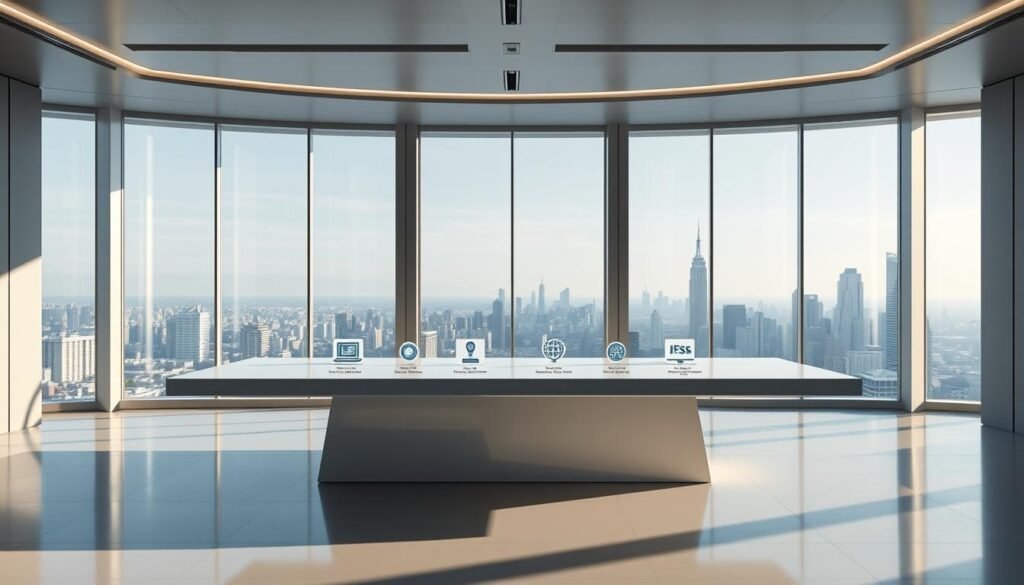 A sleek, futuristic office setting with a large central table displaying various sales automation platforms side-by-side. The platforms are represented by clean, minimalist icons and infographics, showcasing their key features and capabilities. The table is illuminated by a soft, directional light, casting subtle shadows and highlighting the detailed comparisons. In the background, a floor-to-ceiling window offers a panoramic view of a bustling city skyline, creating a professional and sophisticated atmosphere. The overall scene conveys a sense of informed decision-making, with the sales automation platforms presented in a clear, analytical manner.