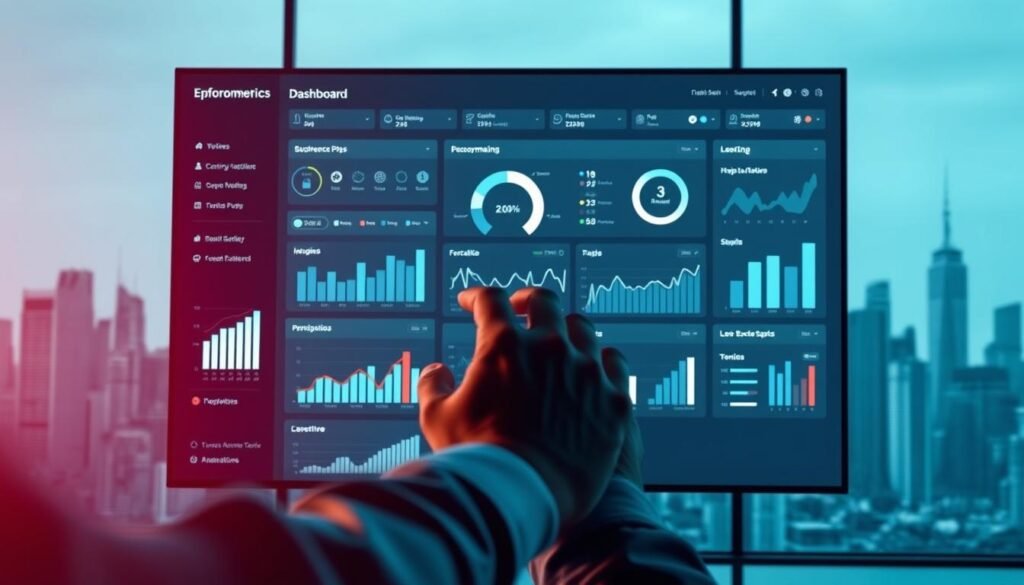 A sleek, minimalist performance tracking dashboard displayed on a high-resolution digital display. The foreground features clean, intuitive data visualizations and metrics tracking key business KPIs, presented in a modern, easy-to-digest layout. The middle ground showcases the dashboard's interactive capabilities, with users manipulating charts and graphs using a touchscreen interface bathed in cool, muted lighting. The background depicts a stylized city skyline, hinting at the dashboard's enterprise-level application and the business's global reach. The overall mood is one of professionalism, efficiency, and data-driven decision making. A sleek, minimalist performance tracking dashboard displayed on a high-resolution digital display. The foreground features clean, intuitive data visualizations and metrics tracking key business KPIs, presented in a modern, easy-to-digest layout. The middle ground showcases the dashboard's interactive capabilities, with users manipulating charts and graphs using a touchscreen interface bathed in cool, muted lighting. The background depicts a stylized city skyline, hinting at the dashboard's enterprise-level application and the business's global reach. The overall mood is one of professionalism, efficiency, and data-driven decision making.