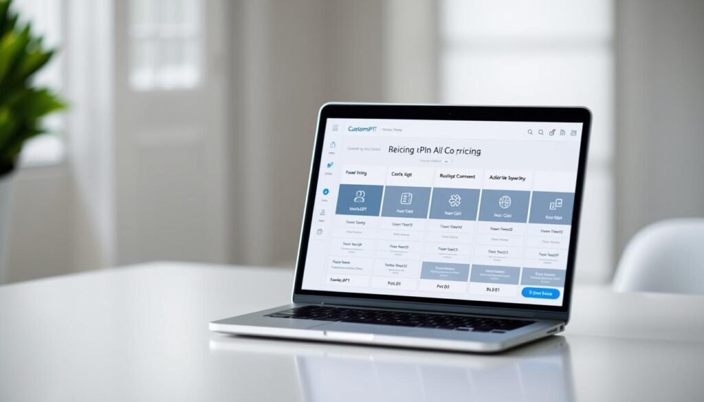 A sleek, modern comparison of AI pricing plans, presented in a clean, minimalist style. The foreground features a grid-like layout of various pricing tiers, each with distinct icons and details. The middle ground showcases a laptop display, showcasing the CustomGPT interface, conveying the practical application of the service. The background is a softly blurred gradient, providing a sense of depth and focus to the key elements. The overall mood is professional, informative, and visually appealing, capturing the essence of the "Pricing Plans: Is CustomGPT Worth the Investment?" section.