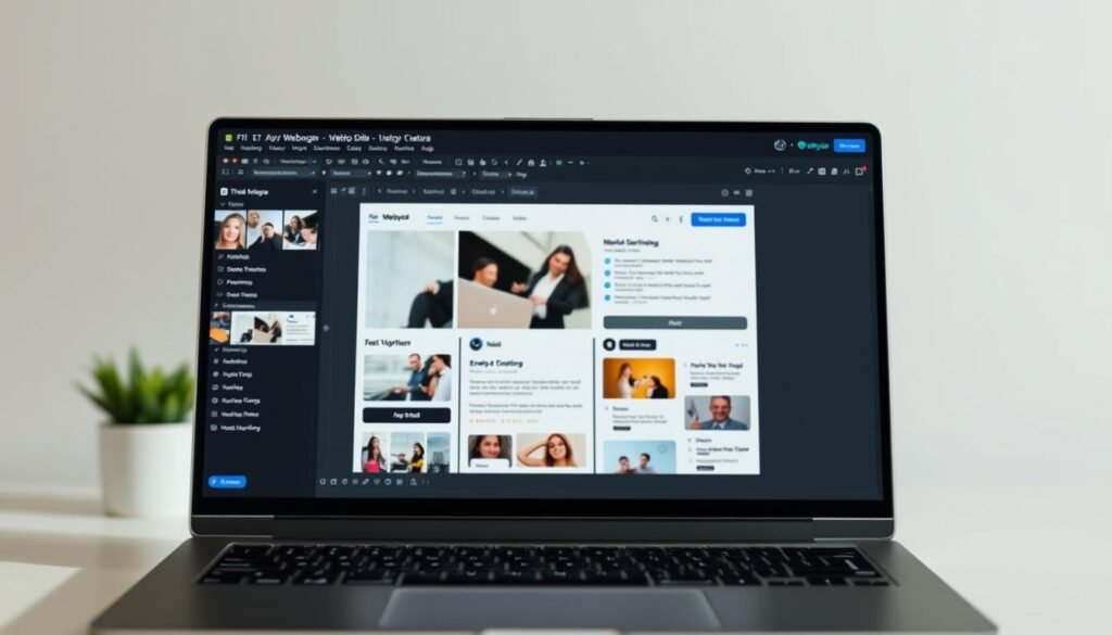 A sleek, modern interface with a clean, minimalist design. The Webydo editor dominates the foreground, its intuitive layout and user-friendly tools prominently displayed. In the middle ground, various web design elements like images, text boxes, and navigation menus can be seen, showcasing the platform's powerful features. The background is softly blurred, allowing the focus to remain on the editor's seamless workflow. The lighting is natural and diffused, creating a sense of clarity and professionalism. The camera angle is slightly elevated, giving the viewer a comprehensive perspective of the Webydo workspace, ready to empower effortless website creation.