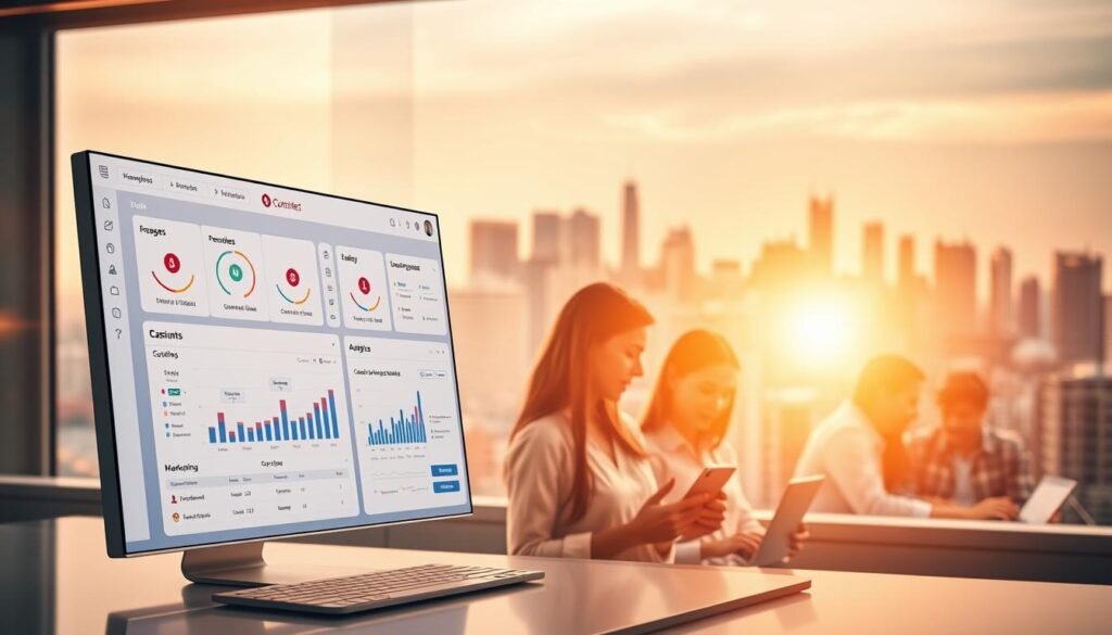 A sleek, modern lead generation and outreach tool, bathed in warm, soft lighting. In the foreground, a stylized user interface with intuitive controls and analytics dashboards. The middle ground features a team of professionals collaborating, with laptops and smartphones in hand. In the background, a cityscape of skyscrapers and bustling activity, conveying a sense of productivity and growth. The overall atmosphere is one of efficiency, connectivity, and strategic marketing prowess.